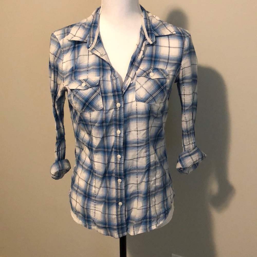 Blue plaid flannel with silver detail